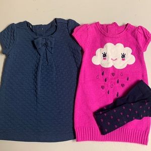 Gymboree set of two cap sleeve dresses with one pair of tights.